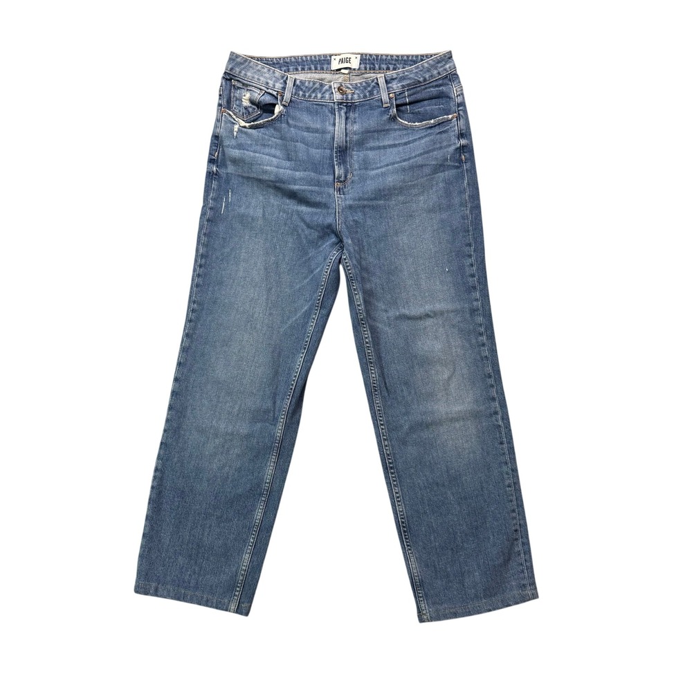 PAIGE Sarah Straight High Rise Distressed Denim Jeans 90's chic minimalist model